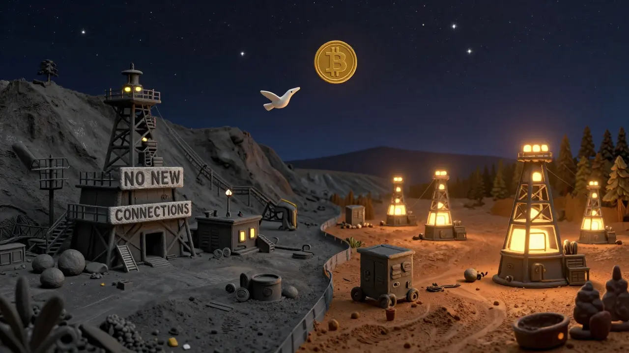Clay-style cartoon split scene: abandoned BC mining site vs. active Alberta mining hub under stars.