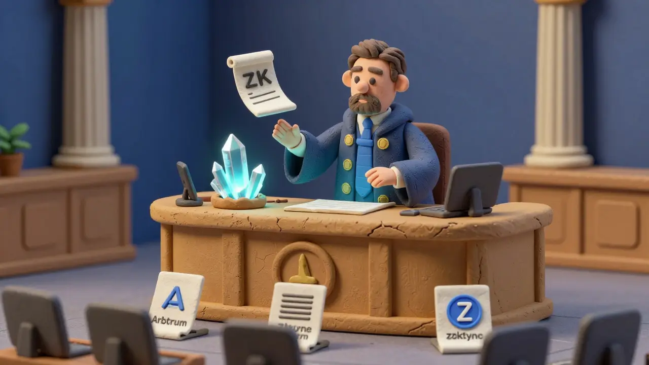 Clay-style courtroom where a judge verifies blockchain proofs with glowing crystals.