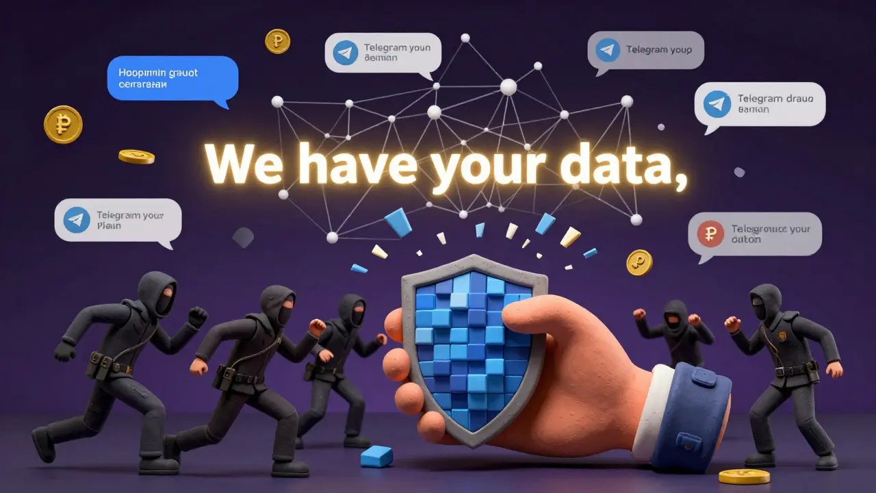 Digital web of chat logs and crypto symbols exploding as law enforcement message glows: 'We have your data.'