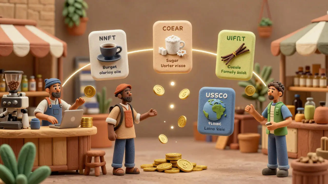 Floating NFTs of coffee, sugar, and olive oil connect farmers across continents in a digital marketplace, with USDC coins falling as payments.