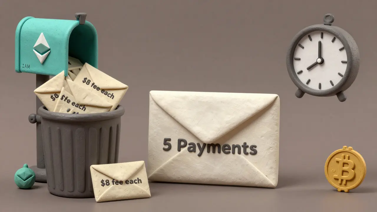 One batched payment envelope replacing five costly ones, with a late-night clock and low gas meter in background.