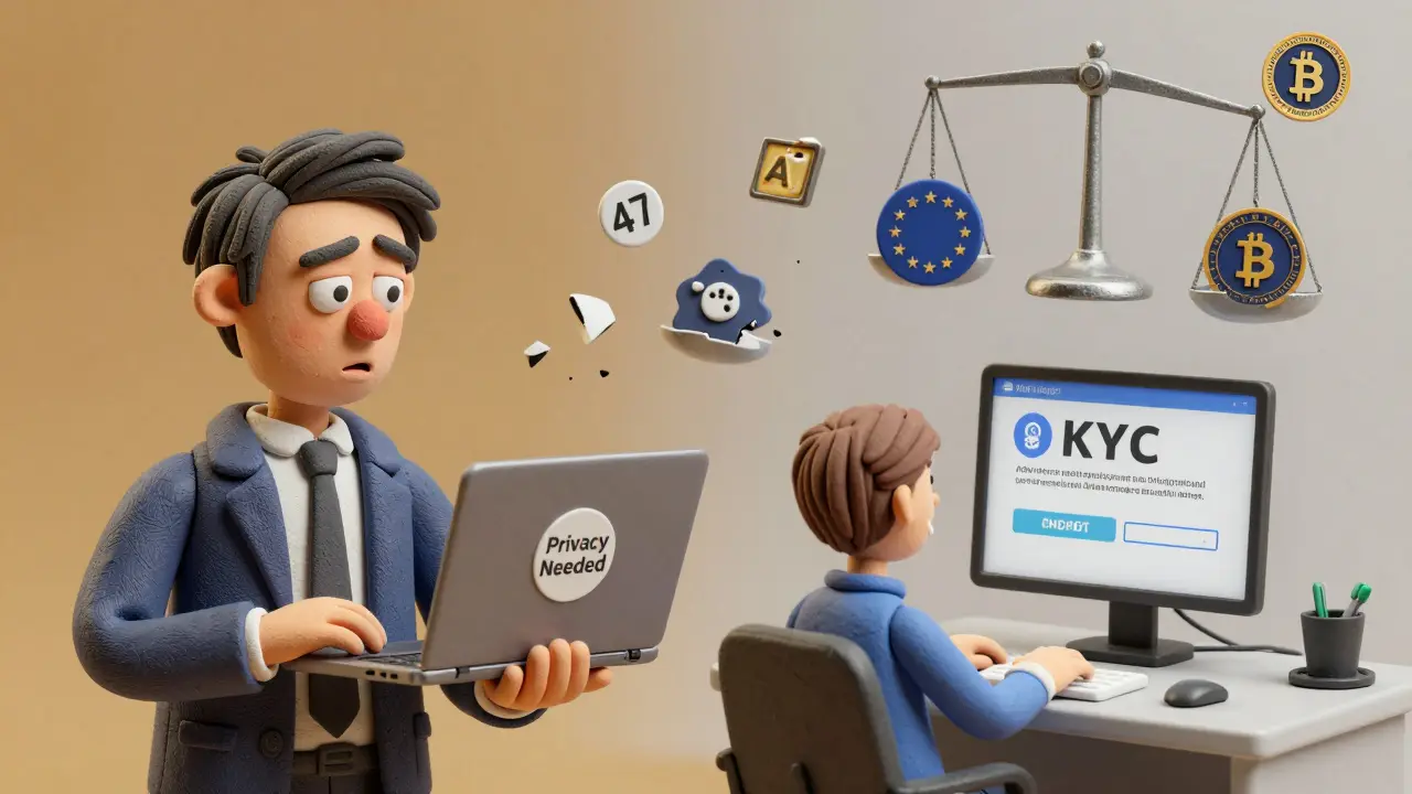 Split scene: worried privacy user vs. compliant crypto users, with no-KYC exchanges collapsing.