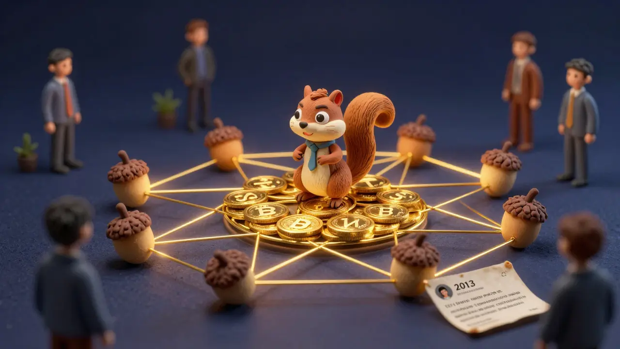 Sugar Bush standing on a platform of SUGAR tokens, connected by a golden Solana web, with a 2013 forum post floating nearby.