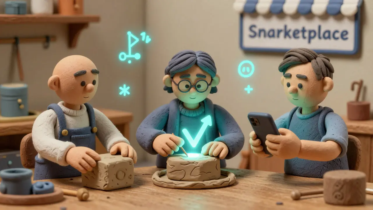 Three clay figures work together in a workshop—one shaping a block, another crafting a glowing proof, and a third verifying it on a phone.