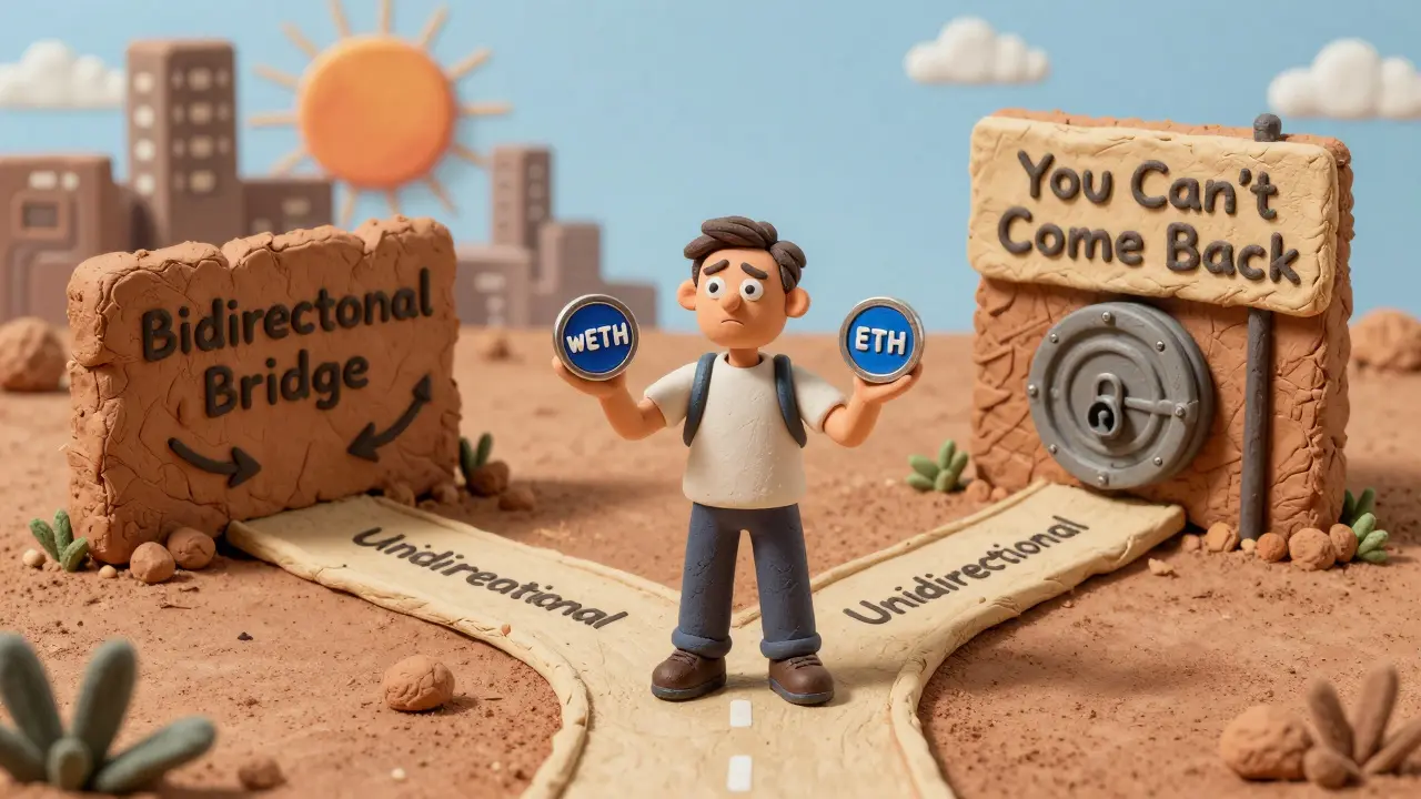 User at a fork in the road choosing between bidirectional and unidirectional crypto bridges.