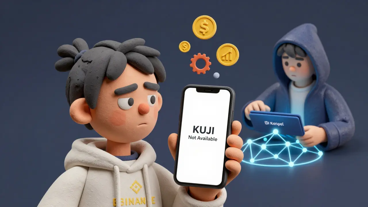 A beginner confused by missing KUJI on Binance, while another user successfully connects a wallet to Cosmos DeFi tools.