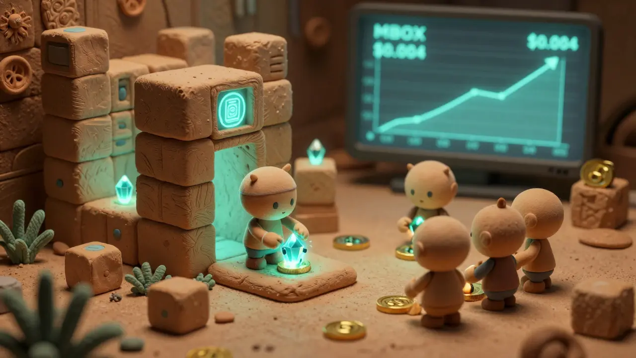 A clay metaverse where MOMO NFTs mine tokens, with a price timeline showing MBOX's growth from 2021 to 2026.