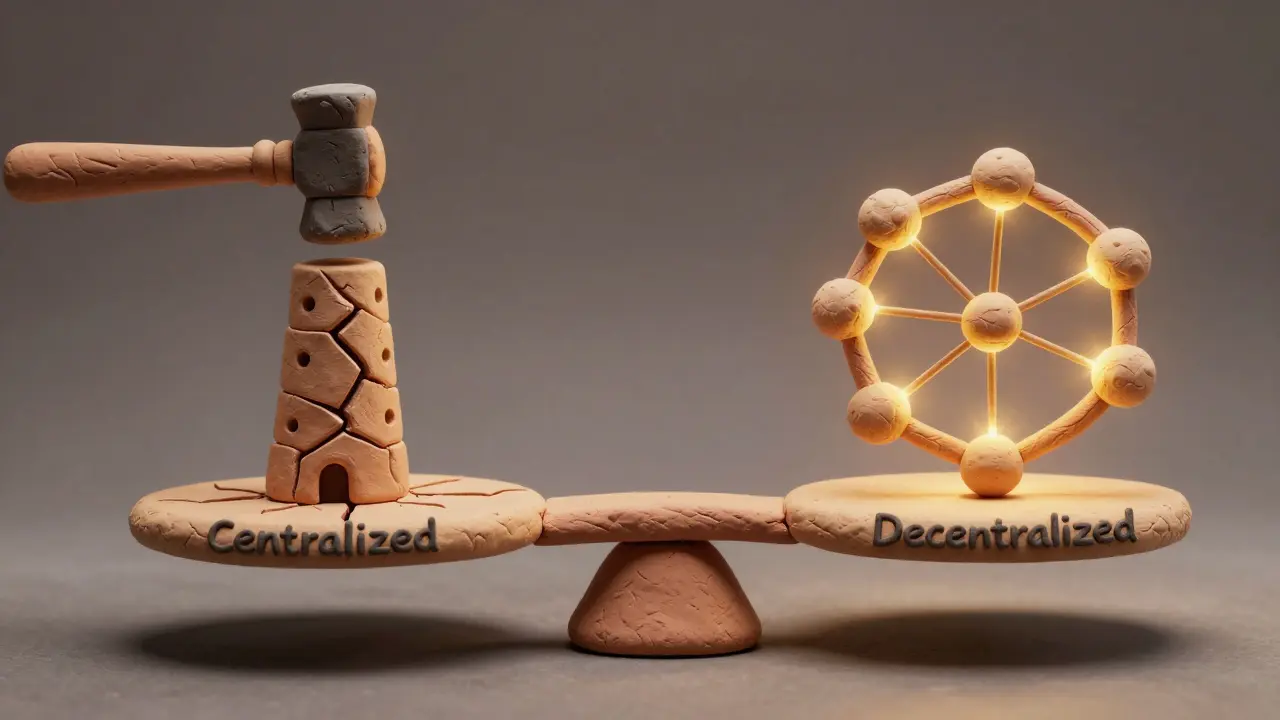 A clay scale balancing a crumbling centralized tower against a glowing decentralized node network, symbolizing trust in code vs. institutions.