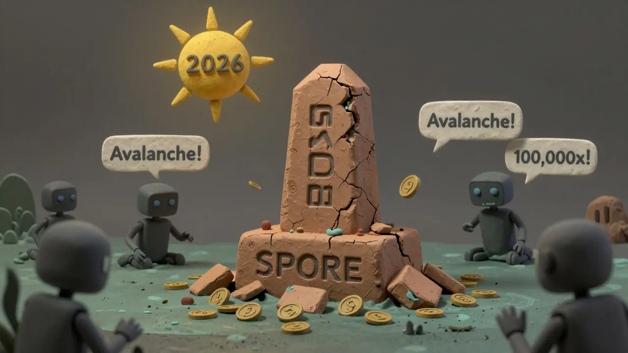 A crumbling clay monument labeled 'SPORE' sinks into a swamp of zero-value tokens under a fading sun.