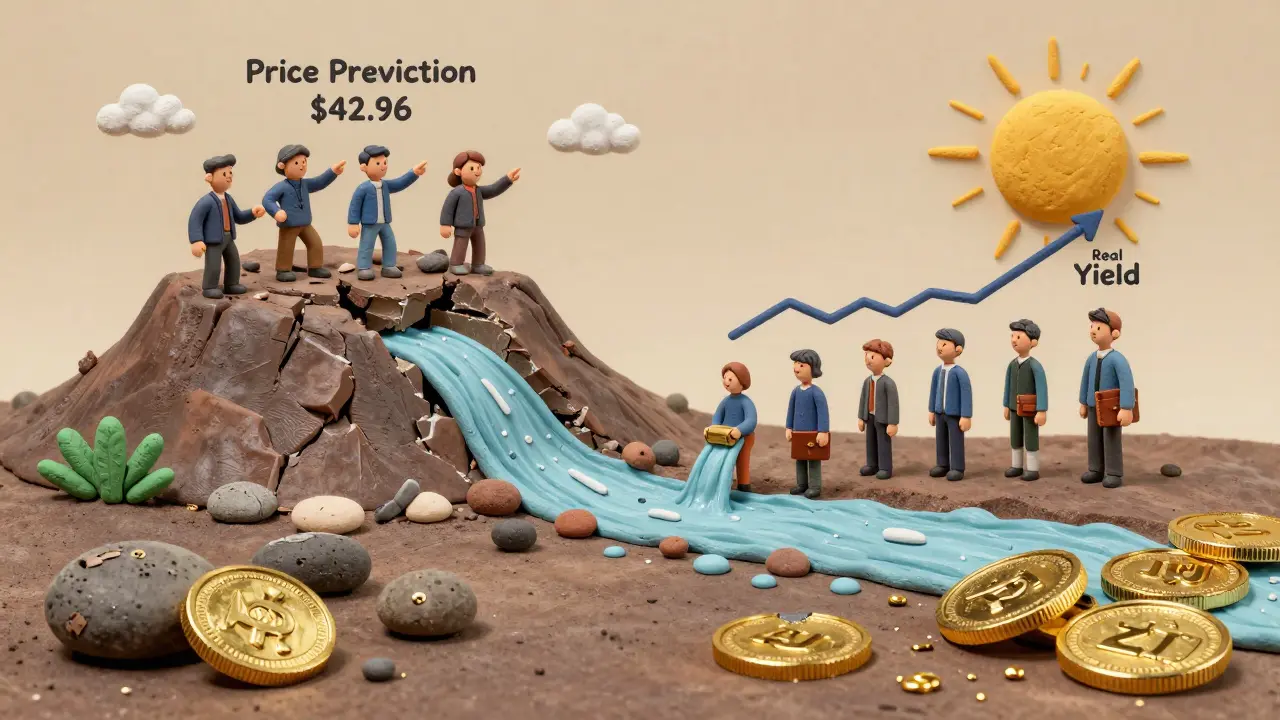 A crumbling price prediction mountain overshadowed by steady users earning real yield in Kujira's ecosystem.