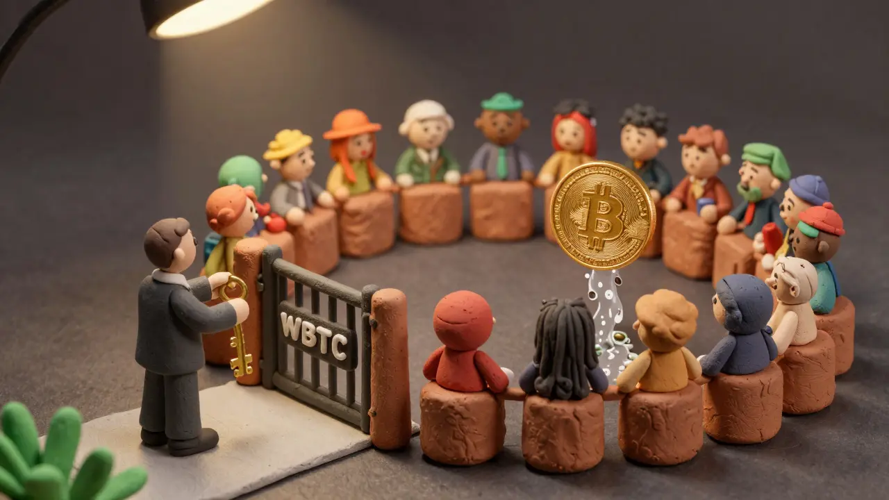 A DeFi marketplace with a single custodian blocking access on one side, and 20 clay nodes autonomously bridging Bitcoin on the other.