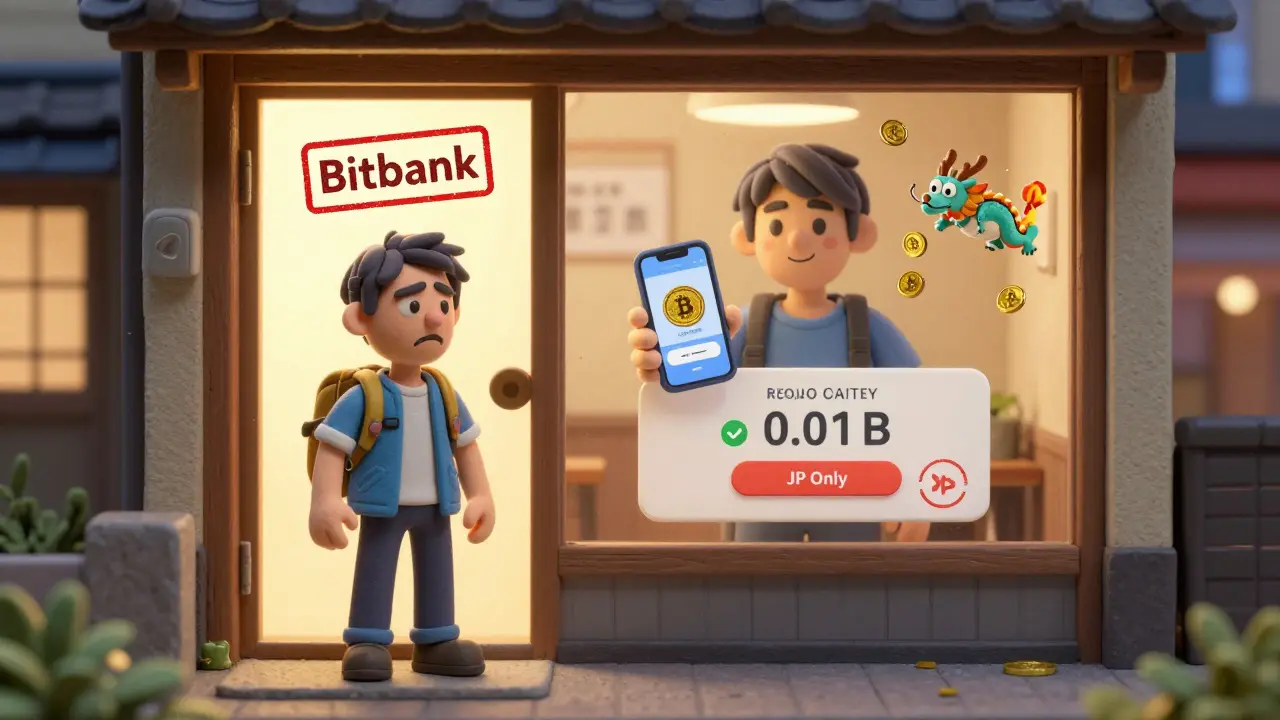 A foreigner locked out of Bitbank while a Japanese user wins a crypto lottery inside.