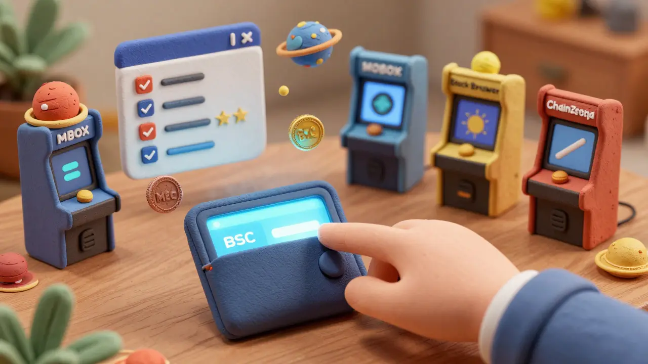 A hand connecting a wallet to a BSC interface while MBOX and MEC tokens orbit, with game icons on a clay table.