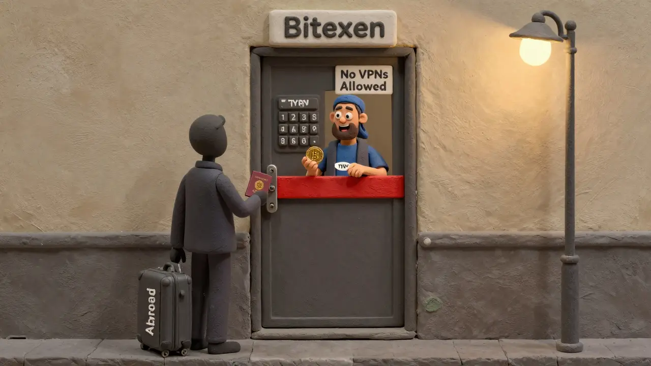 A locked Bitexen door with a Turkish phone keypad, someone outside holding a suitcase labeled 'Abroad'.