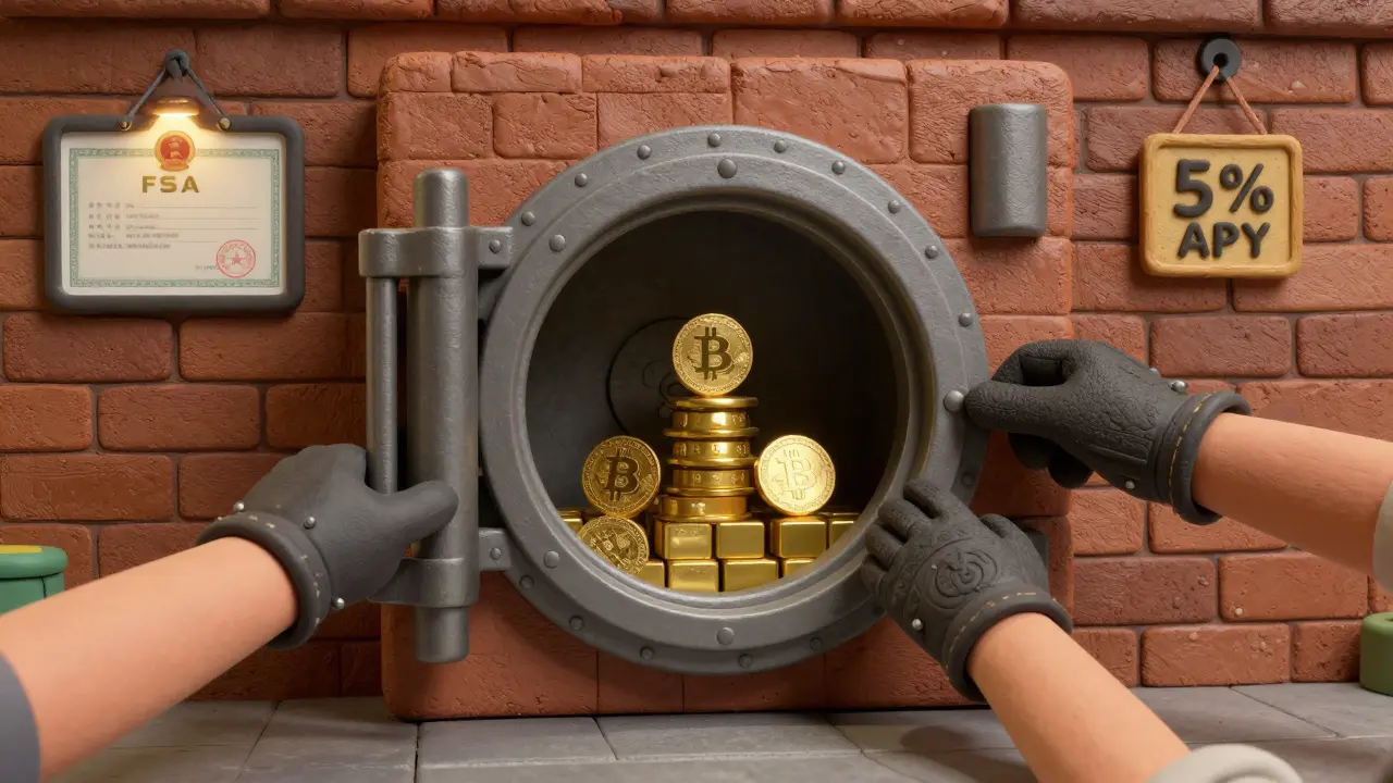 A multisignature cold storage vault being unlocked by three hands under FSA regulation.