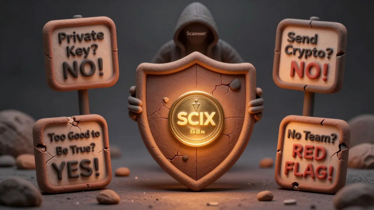 A protective wallet shield with warning signs against SCIX scams, while a hooded scammer fades away.