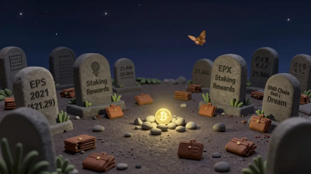 A quiet crypto graveyard with EPS and EPX tombstones, surrounded by 21,860 tiny wallets glowing faintly under stars.