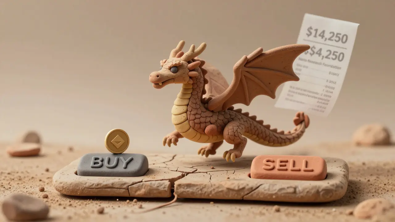 A single clay NFT dragon hovers above a barren order book, with a faint donation receipt floating nearby.