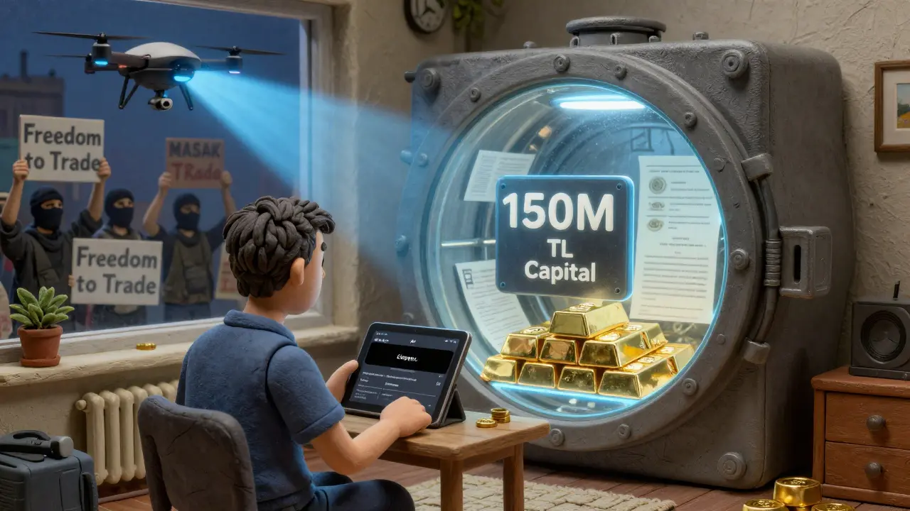 A user stares at a blacked-out app as a vault of locked capital looms behind them, while a MASAK drone casts a freeze beam over a protest scene.