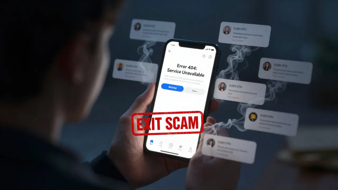 A user stares at an error screen on a phone surrounded by dissolving fake reviews and a giant 'EXIT SCAM' stamp.