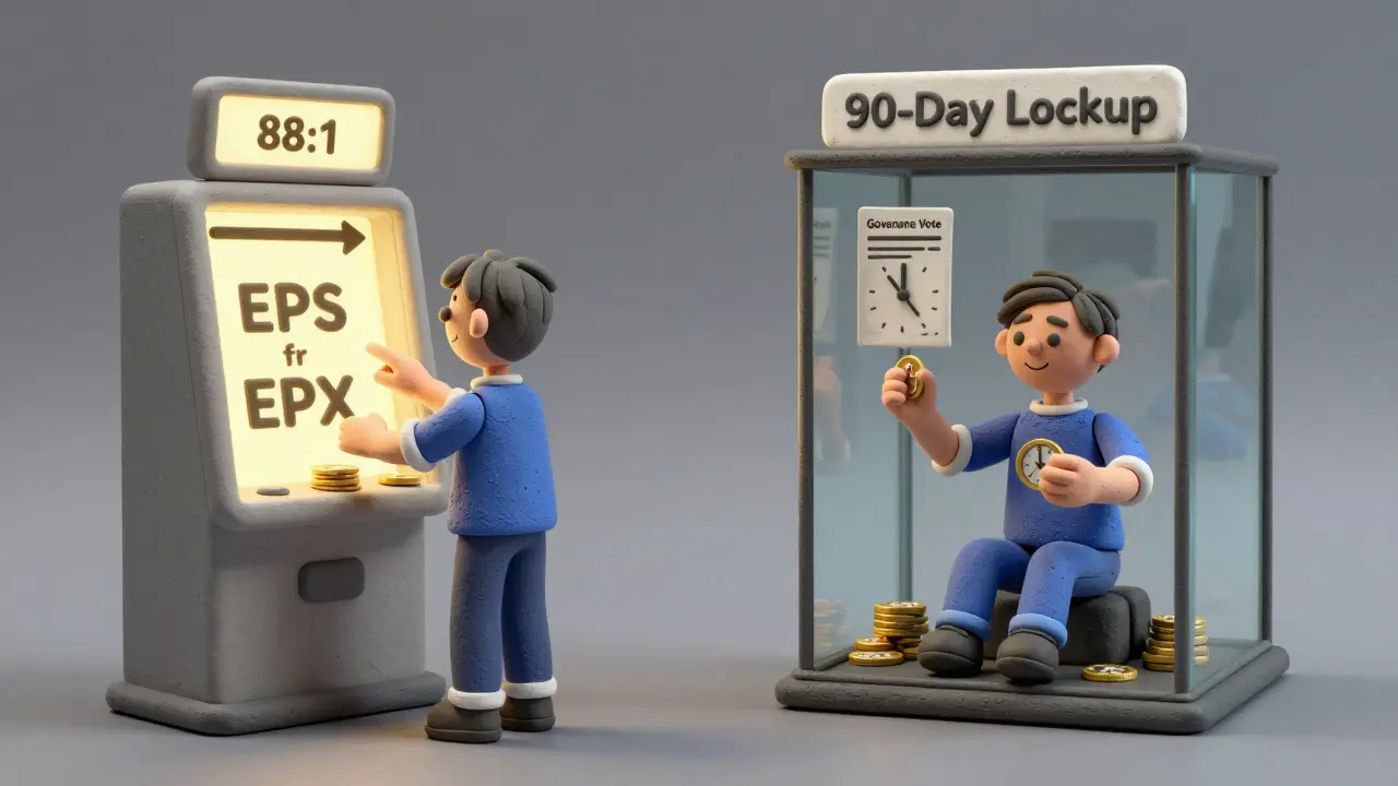 A user swapping EPS for EPX at a kiosk while trapped in a 90-day lockup cage, with a governance ballot above.