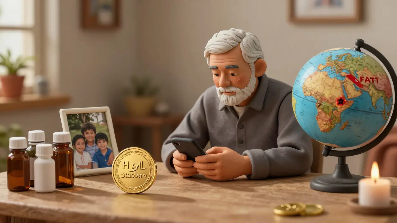 An elderly man enters a crypto seed phrase, surrounded by medicine and a photo of family abroad, while a gold stablecoin sits unused.