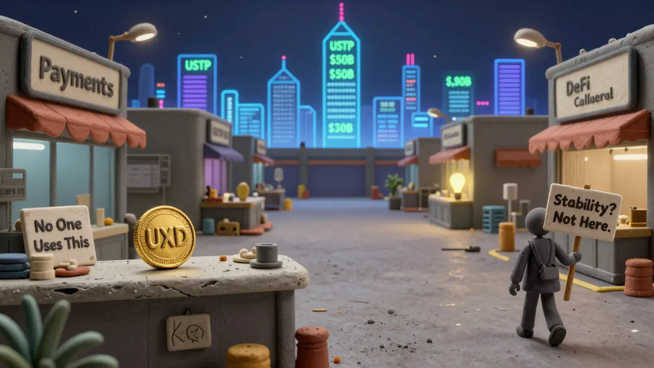 An empty digital marketplace with a lone UXD coin on a dusty counter, while USDT's massive volume glows in the distance.
