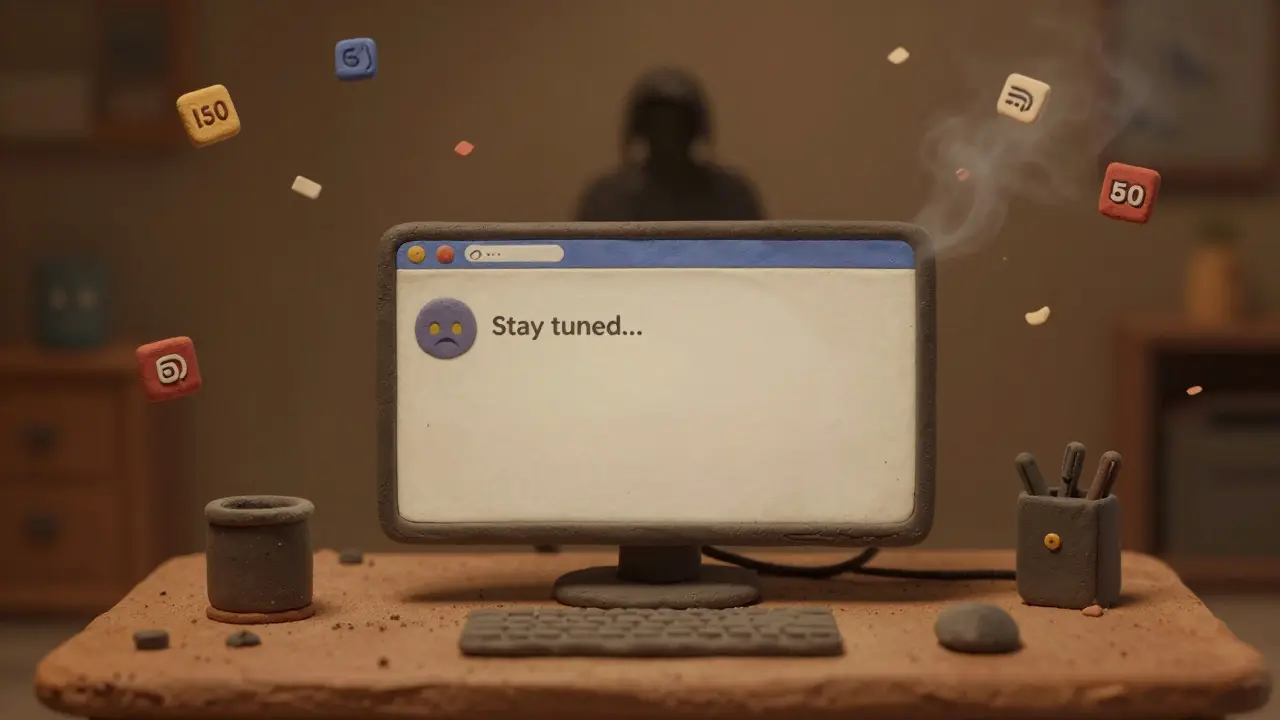 An empty Discord screen showing 'Stay tuned...' with floating unused token icons in a dim room.