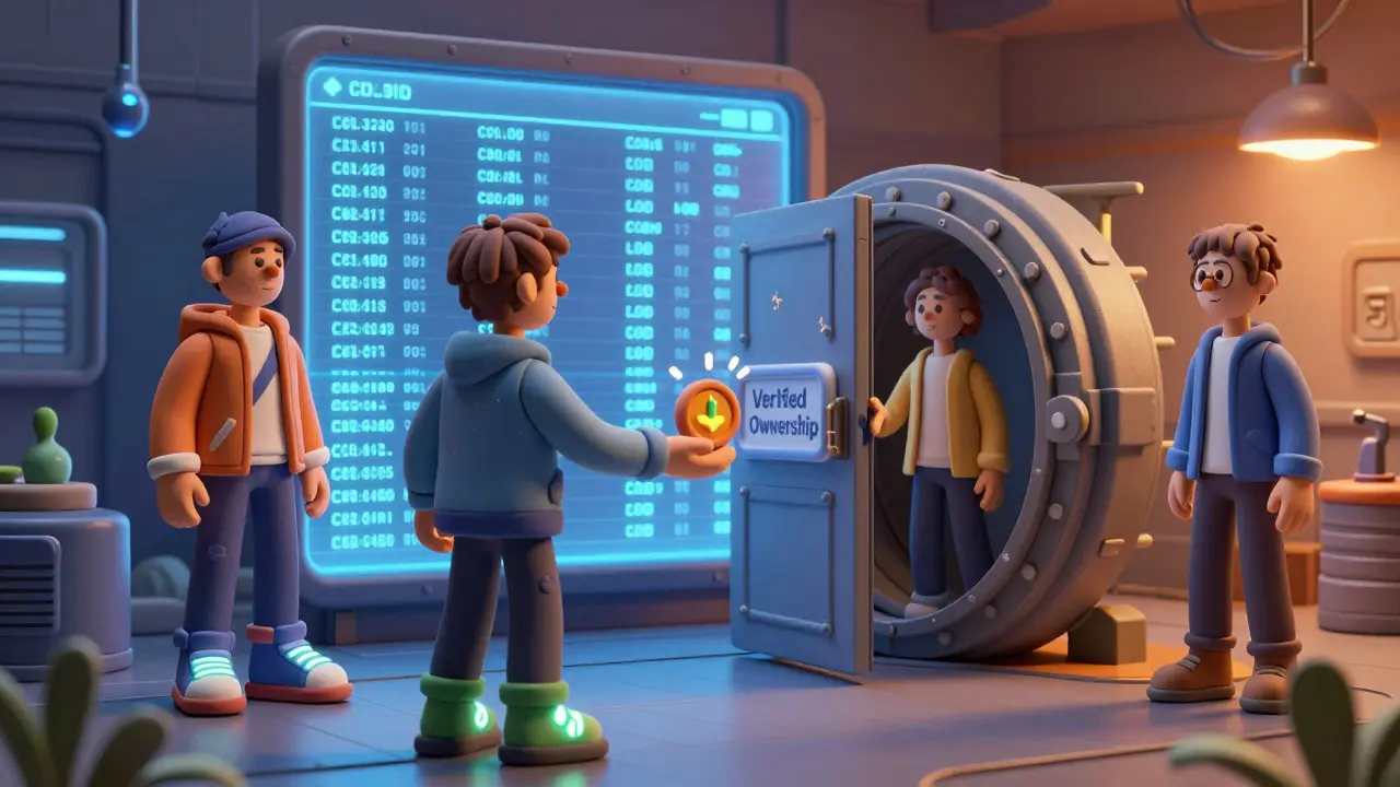 Avatars in digital fashion exchange an NFT token that becomes a door to a vault labeled 'Verified Ownership'.