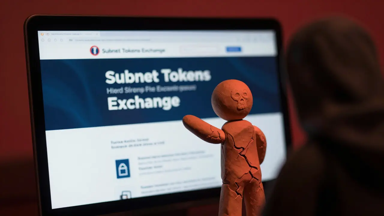 Clay figure falling for a fake 'Subnet Tokens' scam website with shadowy figure.