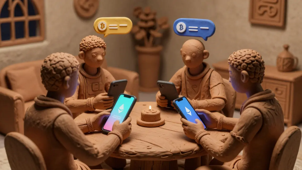 Clay figures trading crypto through chat bubbles in a living room