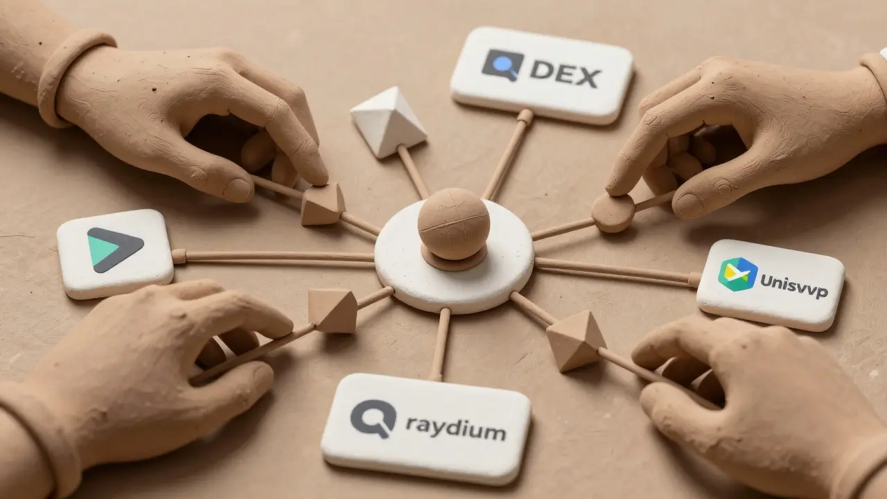 Clay hands trading subnet tokens across PancakeSwap, Uniswap, and Raydium DEX platforms.
