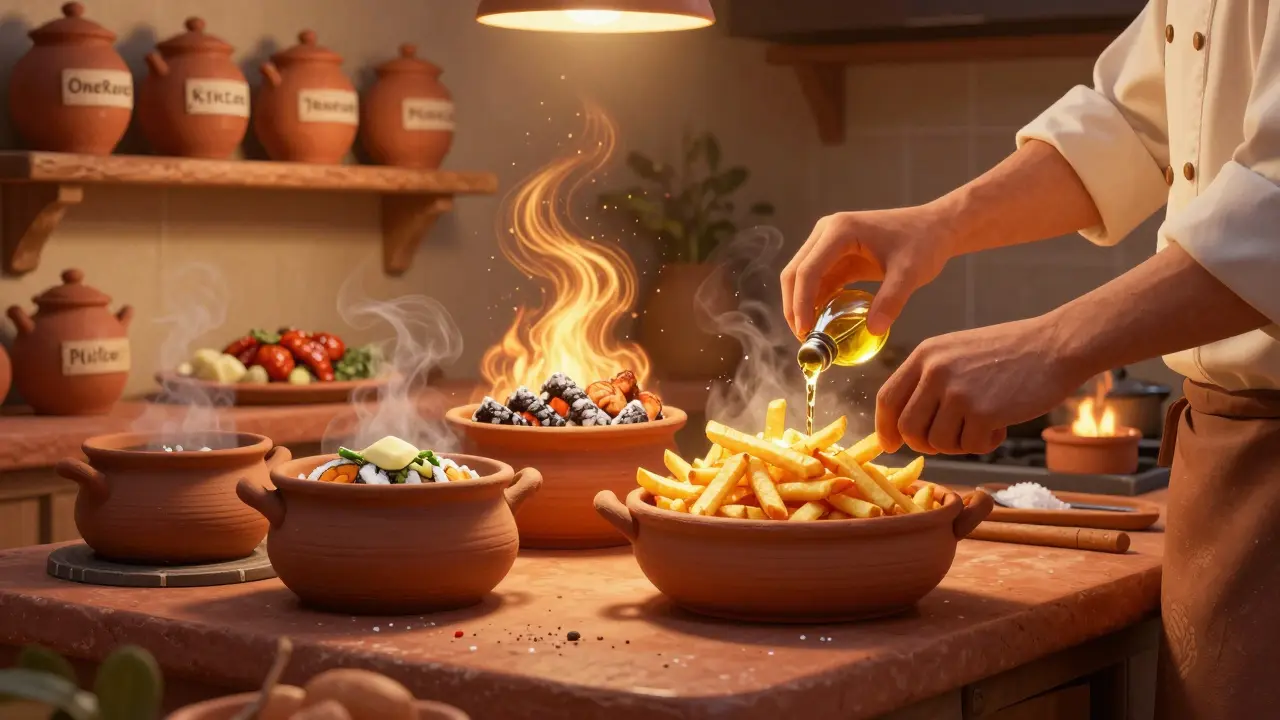 Clay kitchen scene showing hands combining ingredients into a glowing dish as others burn into ash.