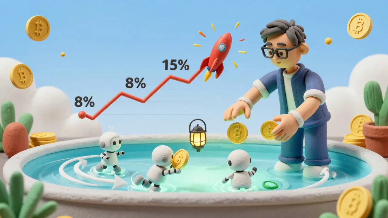 Clay liquidity provider with robots auto-allocating tokens to yield protocols, a rising yield counter above, and floating BAL governance tokens in the sky.