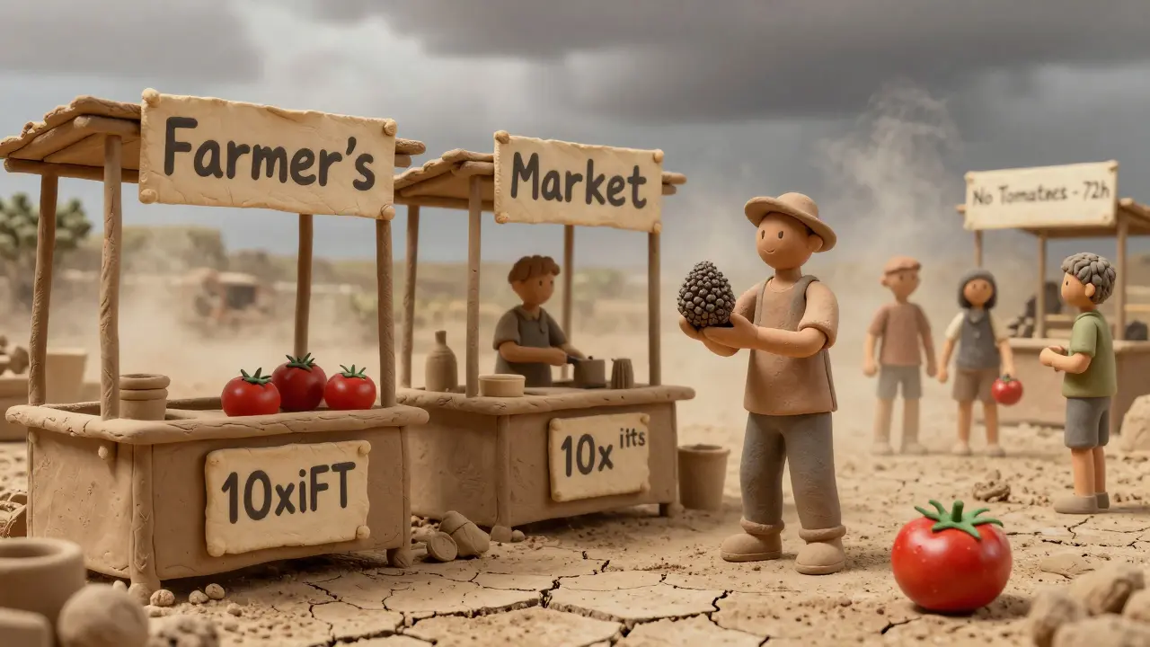 Clay market stall with a single rare tomato NFT on display during a drought, prices spiked, dust in the air.