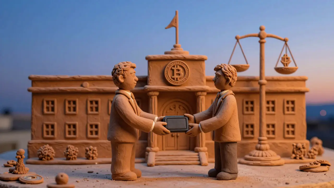 Clay model of Bank Al-Maghrib with regulatory emblem and digital wallet exchange