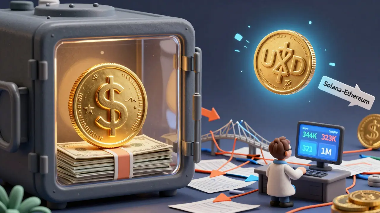 Clay-style comparison: USDC in a secure vault vs. UXD hovering over a tangled web of risky derivatives and conflicting data.