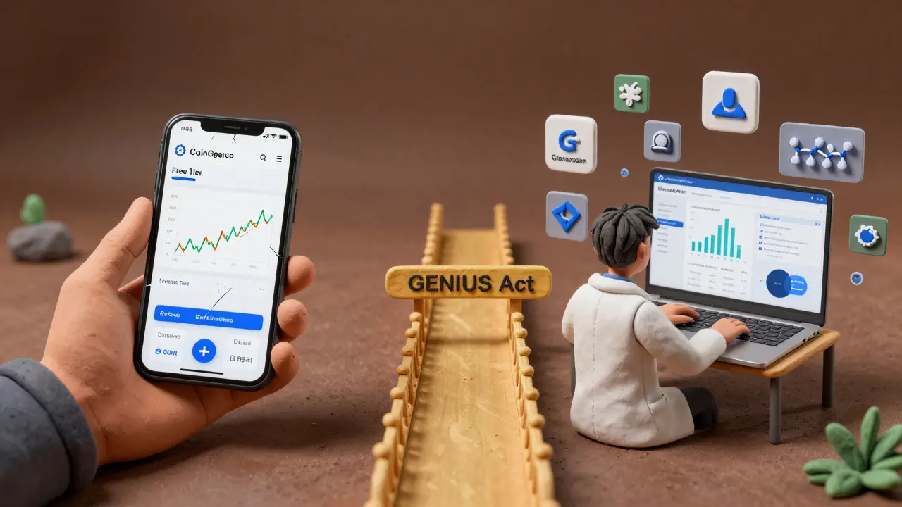 Clay-style contrast between a retail investor with outdated data and a professional using advanced analytics, connected by a golden bridge labeled 'GENIUS Act'.
