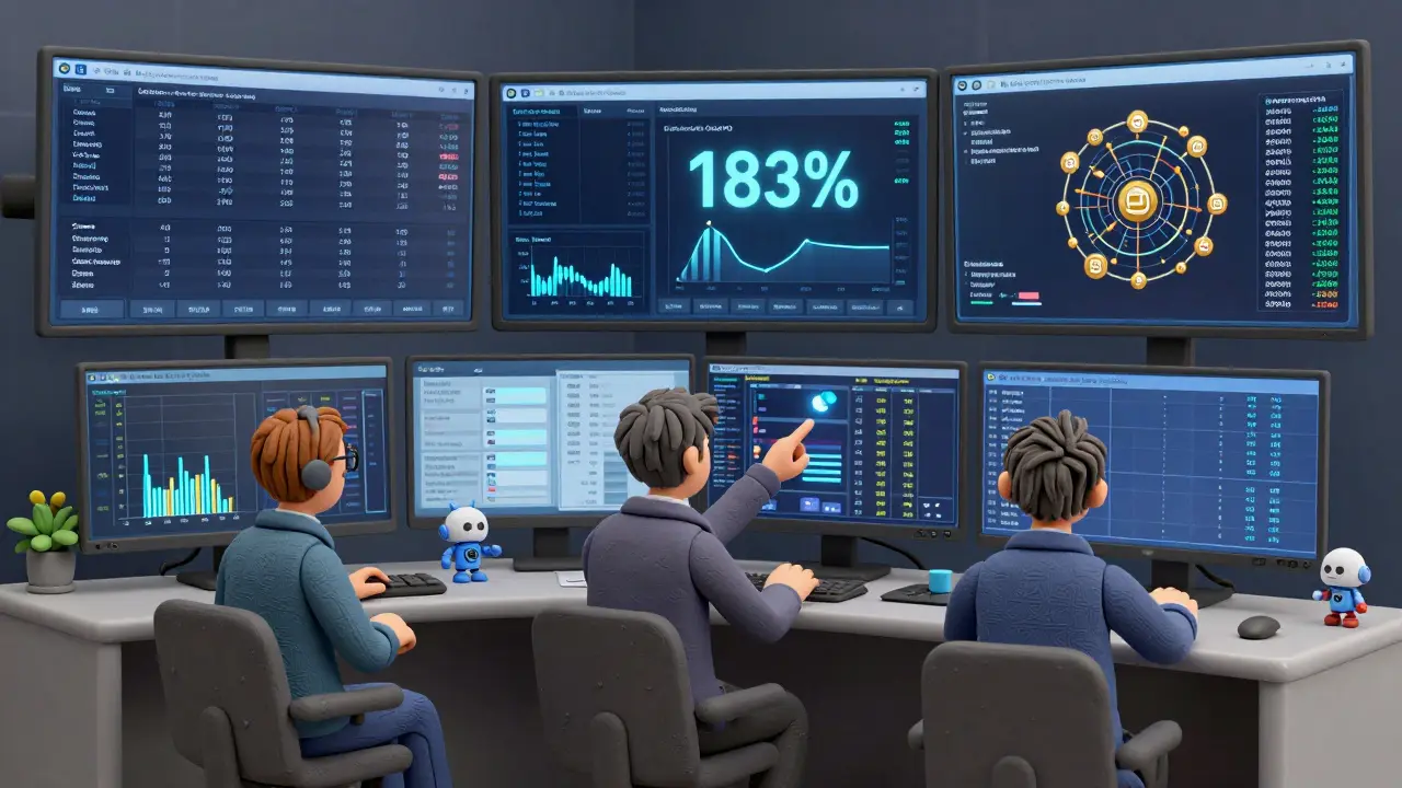 Clay-style scene of a hedge fund trading floor with AI agents and tokenized U.S. Treasuries displayed on screens, one analyst pointing to a high-return chart.