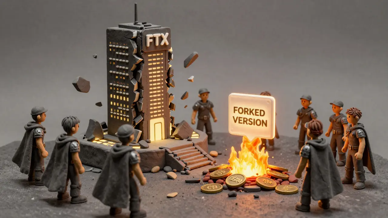 Clay-style scene of FTX tower collapsing as developers rebuild Serum DEX with burning SRM tokens.