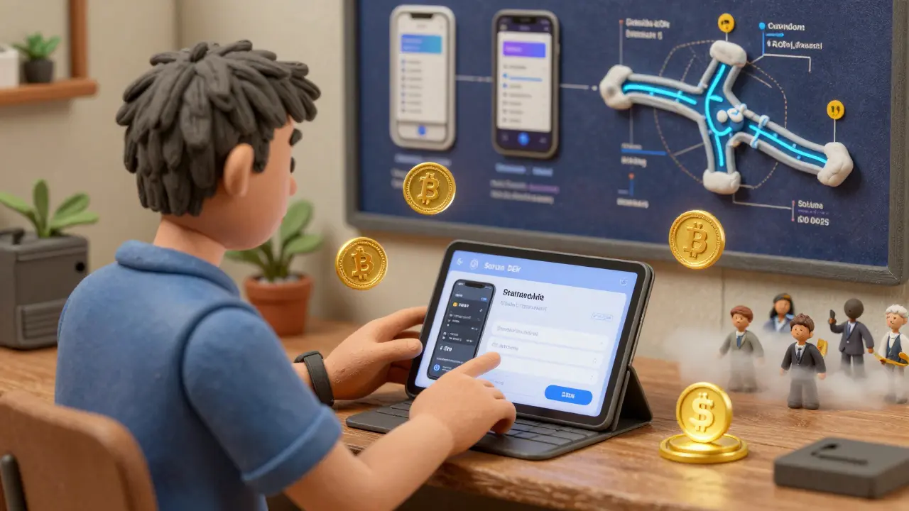 Clay-style trader using Phantom wallet with wrapped tokens and tiny <h2>Problems and Limitations</h2>.00025 fee icon nearby.