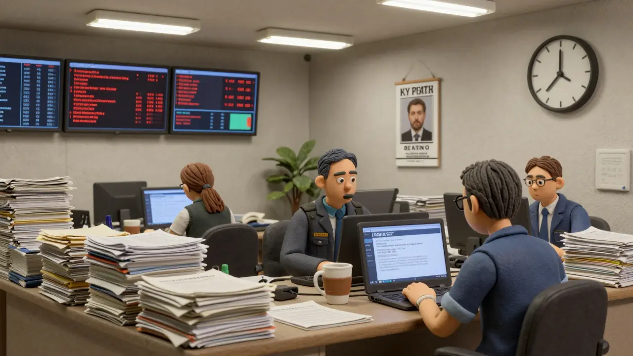 Compliance officers work late under fluorescent lights, surrounded by documents and AML alerts, a cold coffee cup beside a MASAK freeze notice.