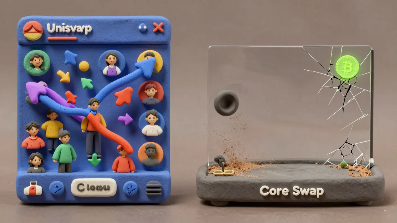 Contrasting vibrant Uniswap with a silent, empty Core Dao Swap platform in clay style.