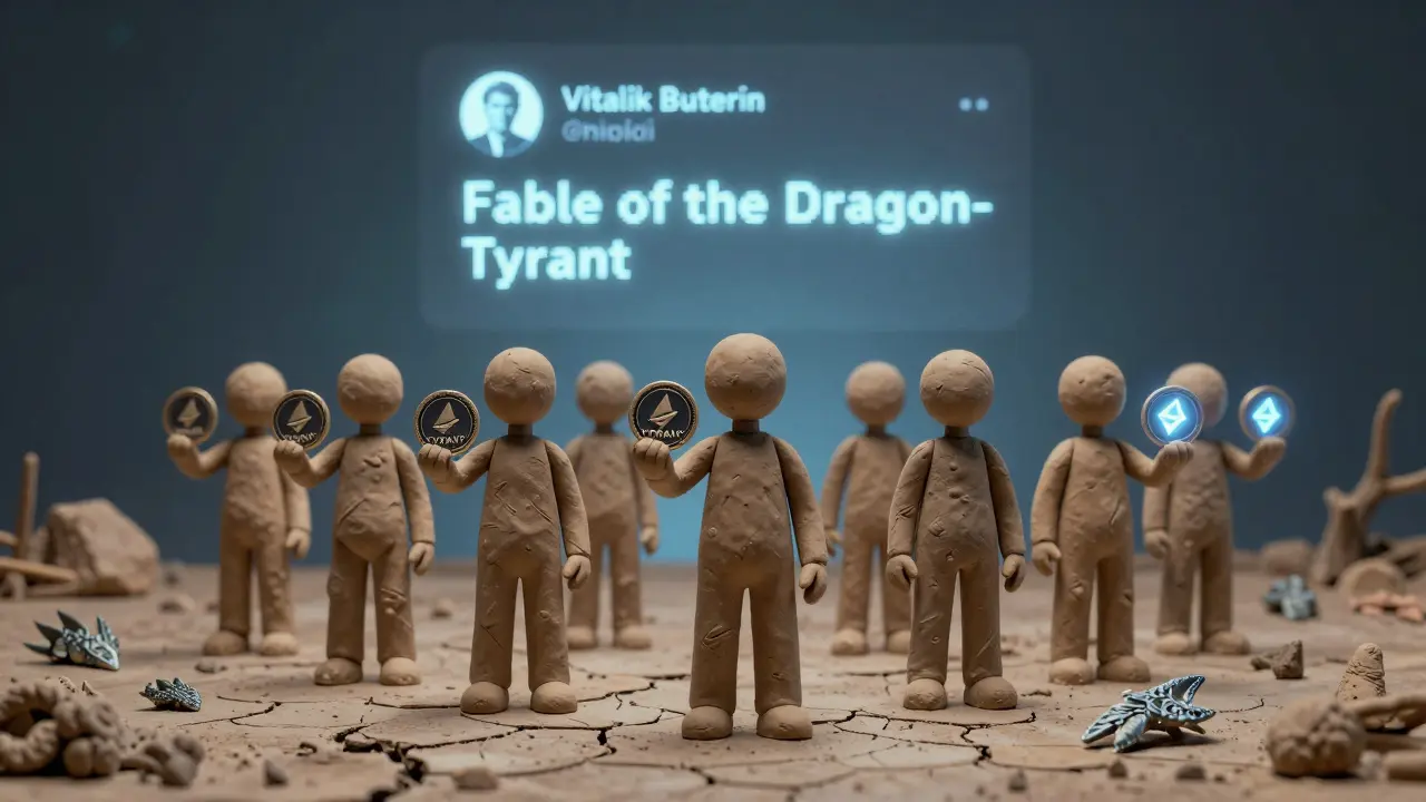 Featureless figures hold TYRANT tokens and ETH coins in a void, with a ghostly Twitter bio fading above them.