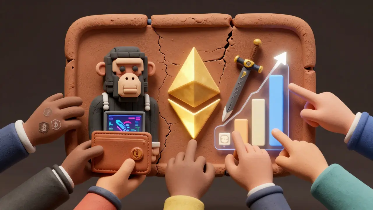 Hands reaching toward a clay NFT plaque with pixelated ape, art, and gaming items emerging from an Ethereum symbol.