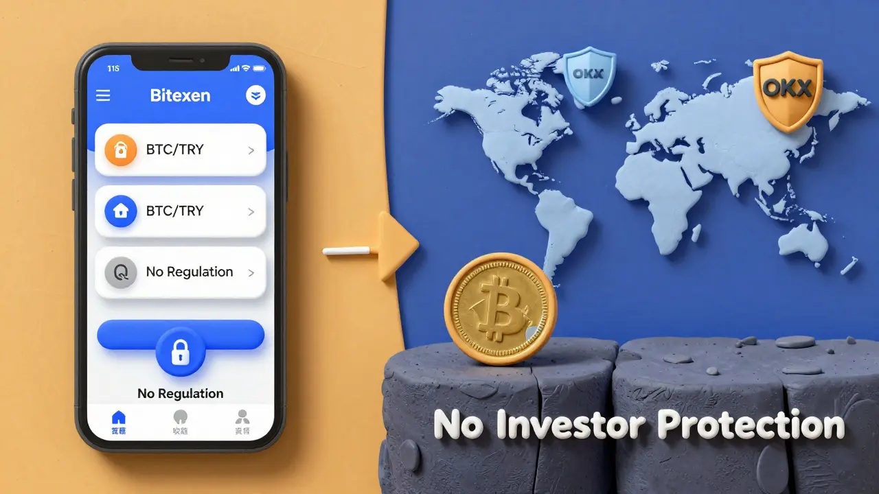 Split illustration comparing Bitexen's lack of regulation with global exchanges offering security badges.
