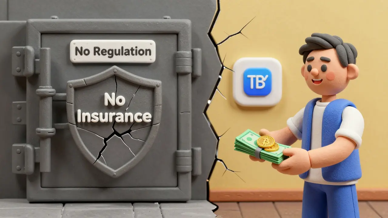 Split scene: risky unregulated vault vs. friendly Bitexen crypto exchange.