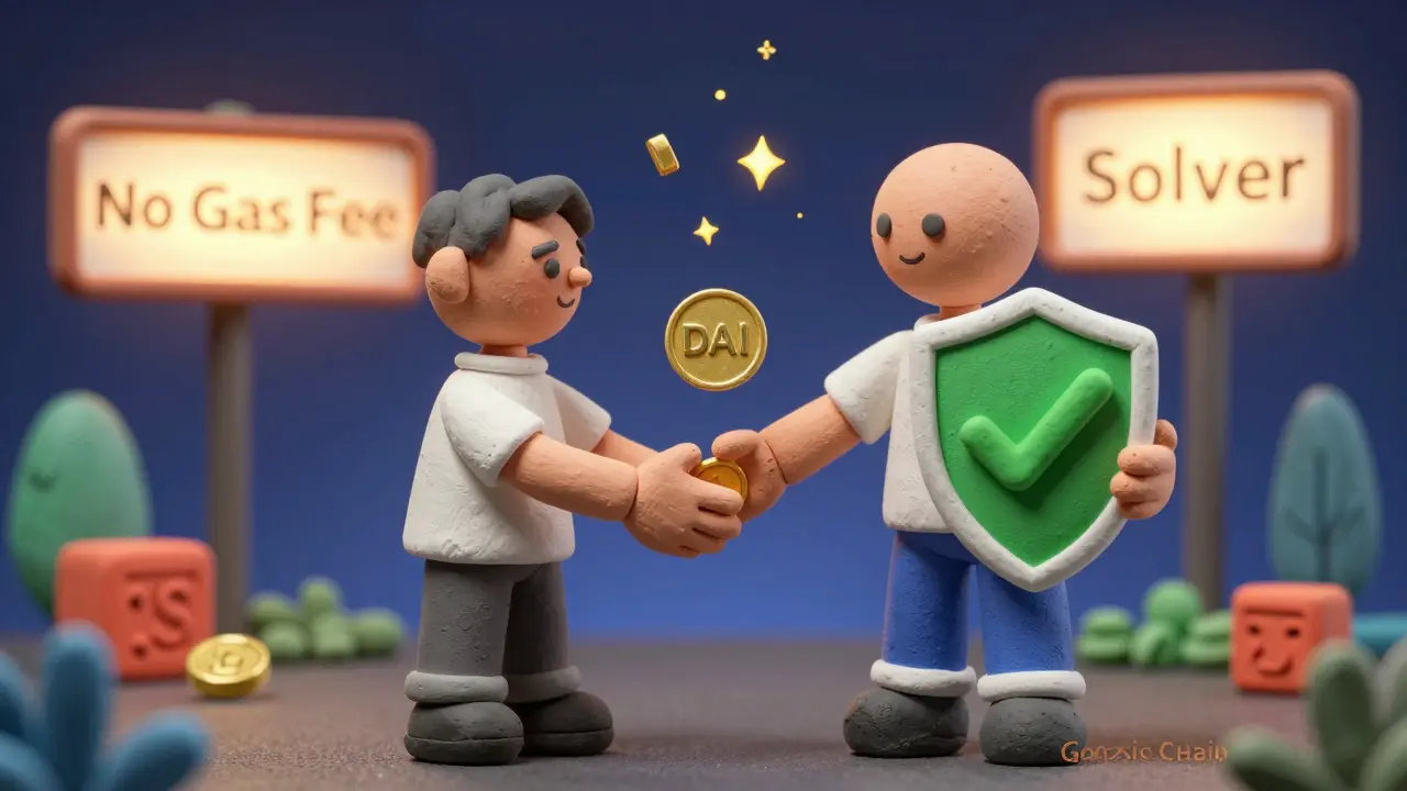 Two clay figures swapping tokens directly with a solver shield, on a low-gas Gnosis Chain landscape with floating cost-free transaction sparks.