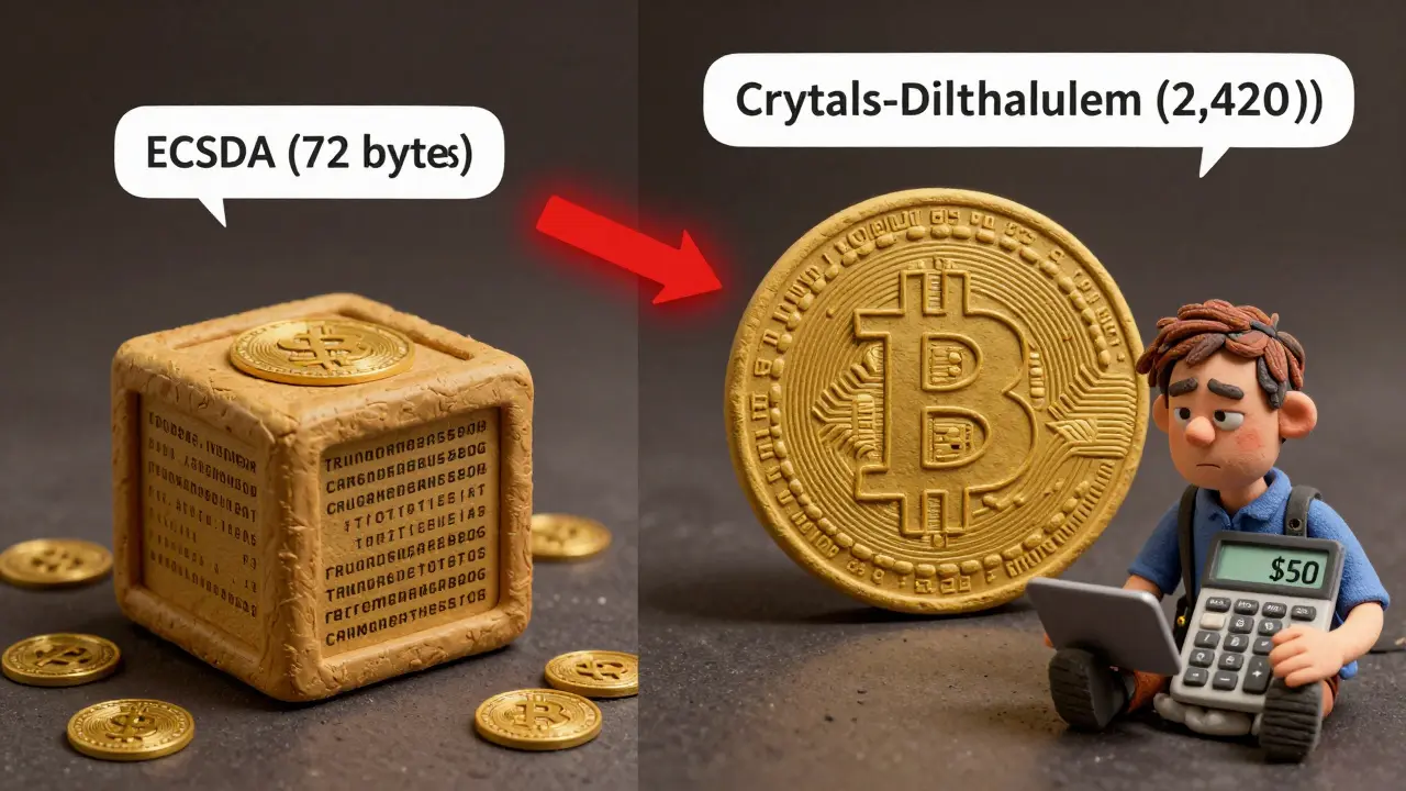 A Bitcoin block filled with tiny transactions vs. one bloated by a massive quantum-resistant signature.