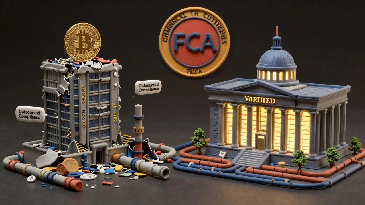 A chaotic crypto firm collapses beside a fortified compliant institution under the watchful FCA emblem.